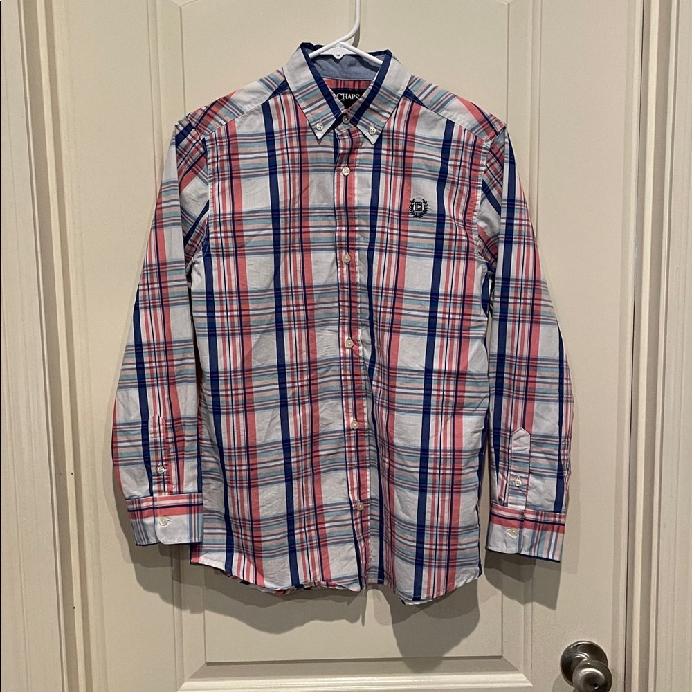 Chaps Boys Plaid Shirt - Red White Navy Blue, Size Large (14-16)